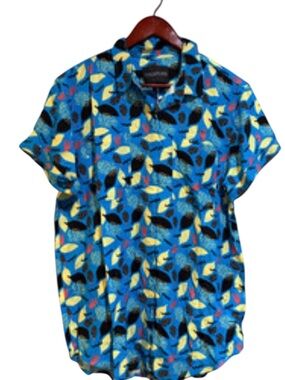 NWT Wildfang Essential Short Sleeve Button Up Blue Abstract Print Size Large